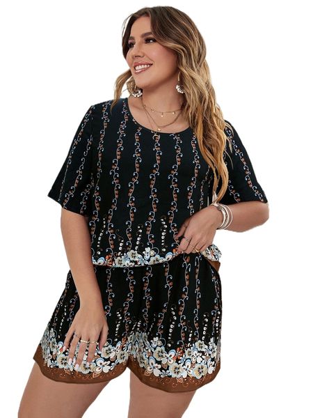 

plus floral & scroll print & shorts h3y3#, Black