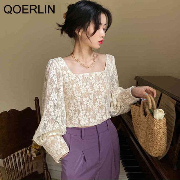 

qoerlin puff sleeve embroidered hollow out cropped spring summer retro square neck blouse women short lace shirts plus 210412, White