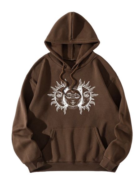 

sun print drawstring thermal lined hoodie x36x#, Black