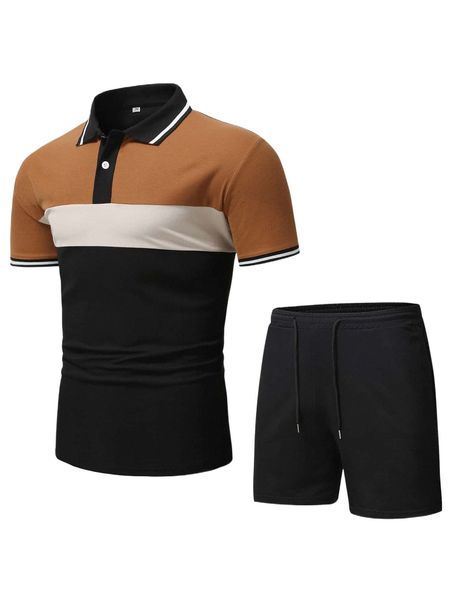 

men colorblock polo shirt with drawstring waist shorts g7wd#, Gray