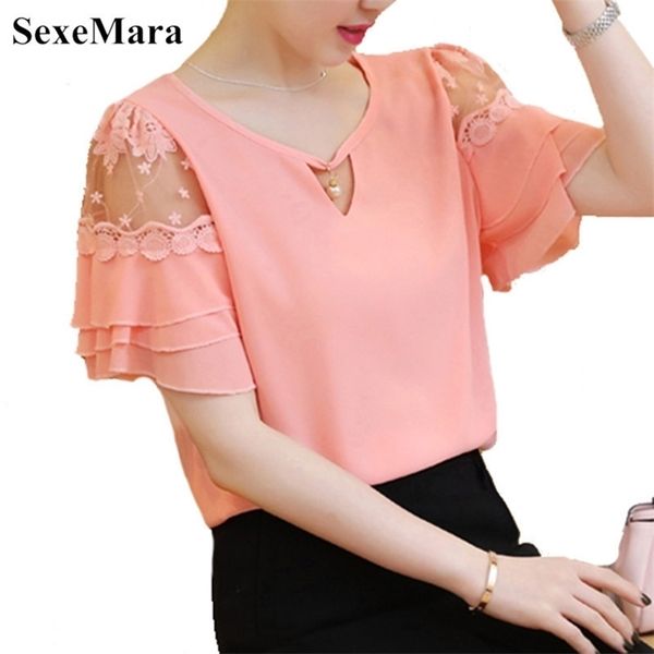 

summer butterfly sleeve women blouse shirt plus size clothing patchwork crochet lace fashion ruffle chiffon blouse lj200811, White