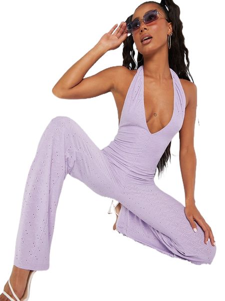 

deep v neck backless schiffy halter jumpsuit b3hm#, Black;white