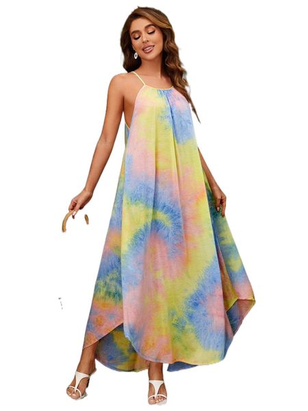 

tie dye print asymmetrical hem cami dress 35in#, Black;gray