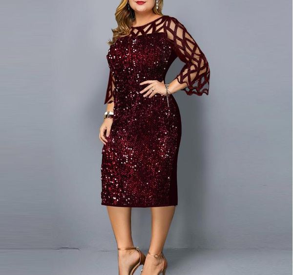 Plus Size Kleider Damen Kleid Samt Mesh Patchwork Elegant Herbst Winter Langarm Hochzeit Party Abend Club