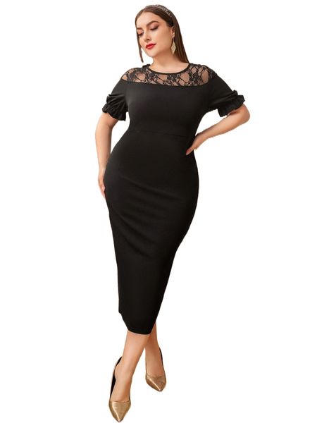 

plus contrast lace puff sleeve slit back bodycon dress j1ws#, Black