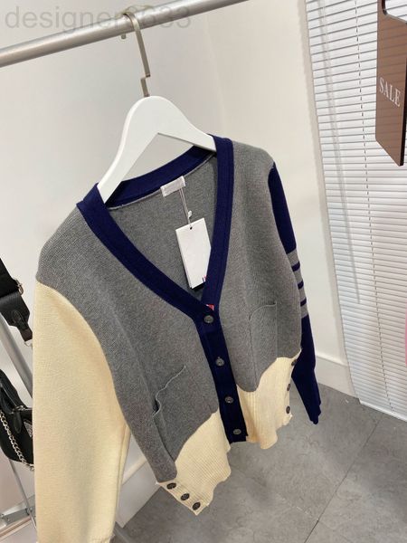 

women's sweaters designer chao brand sweater female v-neck cardigan couple casual loose long sleeve buckle four bar splicing coat d2vr, White;black