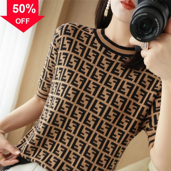 

2022 spring double f letter knitted short sleeve brand summer women's shirt, White