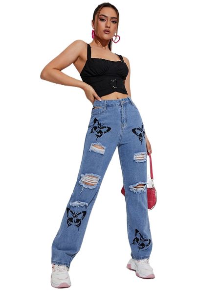 

butterfly print ripped zip fly jeans b1fj#, Blue