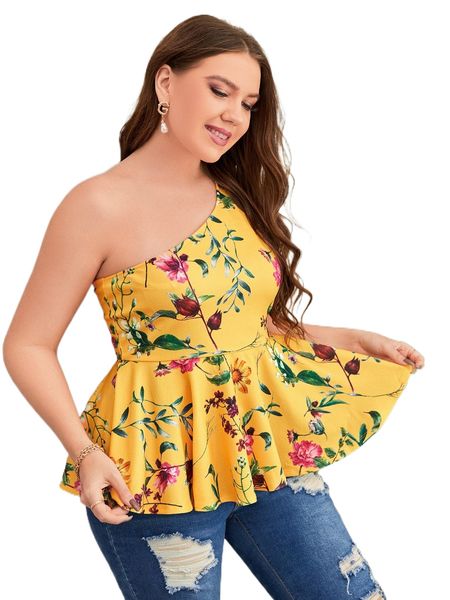 

plus floral print one shoulder peplum tee s4xe#, Black