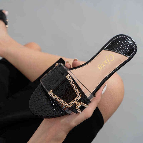 

slippers crystal belt buckle designer brand women sandals outdoor beach flat nonslip slides fashion concise summer shoes female 220518, Black