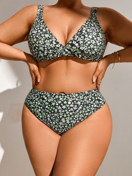 

plus ditsy floral print bikini swimsuit j52g#, White;black
