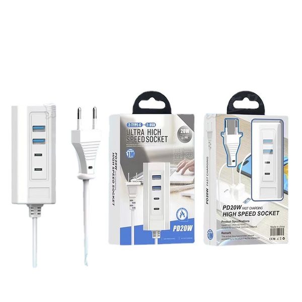 PD20W USB carregador rápido soquete de alta velocidade 4 em 1 Tipo-C Estação de carregamento mini Smart Power Strip EU Plug com caixa de varejo