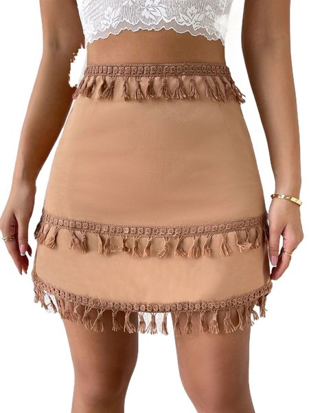 

fringe trim high waist skirt s5cs#, Black