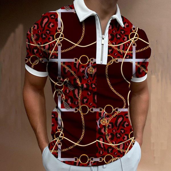 

man polos summer fashion printed short sleeve shirt with zipper men casual streetwear trendy t shirt poloshirt, White;black