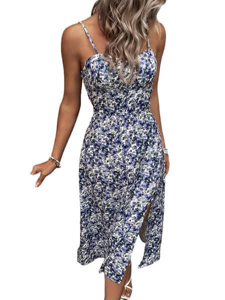 

a.ll o.ver f.loral p.rint s.plit t.high s.hirred d.ress a1pn#, Black;gray