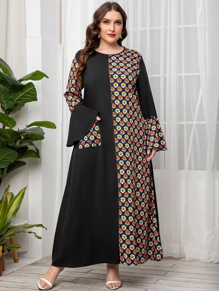 

plus floral print pocket patched flounce sleeve maxi dress f89r#, Black