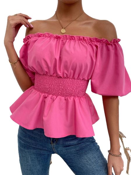 

off shoulder puff sleeve shirred waist peplum o7sn#, White