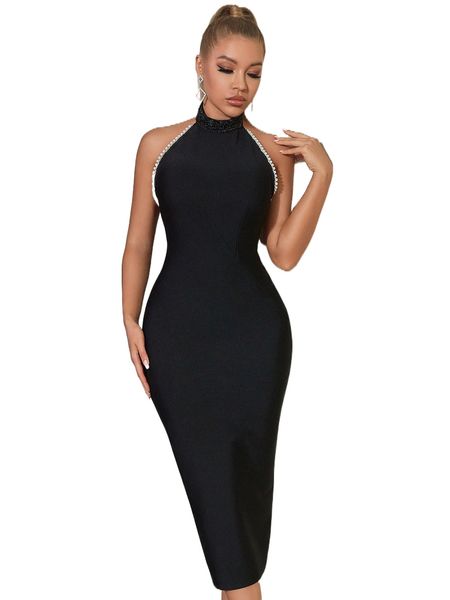 

adyce split backless faux pearl halter bandage dress z1yz#, Black;gray