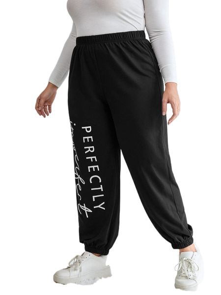 

plus letter graphic elastic waist sweatpants l13o#, Black