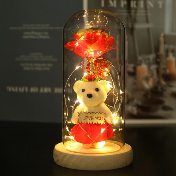 Dekorative Blumenkränze, 24 Karat Blattgold, Blumenfarbe, goldenes Licht mit Lampe, unsterbliche Rose, Glasabdeckung, LED-Geschenkbox-Set, Dekoration, Urlaub