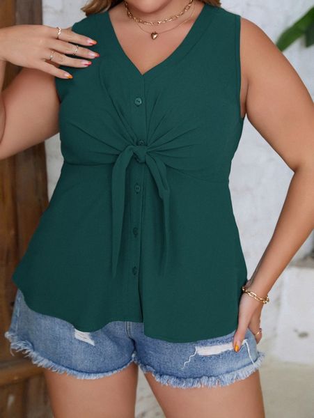 

plus knot front sleeveless peplum blouse y00q#, Black
