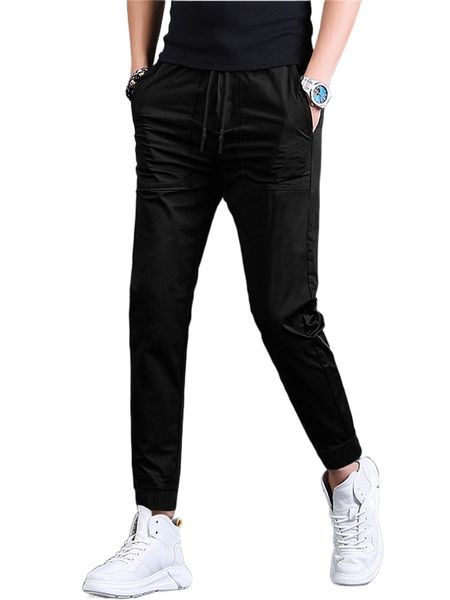 

men drawstring waist solid tapered pants x6a7#, Black