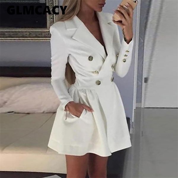 Frauen OL Sexy Kerb Revers Weiß Zweireiher Blazer Kleid Elegante Kurze Mini Kleid Büro Dame Blazer Kleider Chic Vestidos T200320