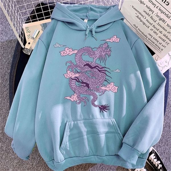 Sonbahar Kış Hoodies Kadın Dragon Baskılı Polar Hoody Pullover Ter Femme Harajuku Kadın Sweatshirt Kapşonlu Uzun Kollu 201203