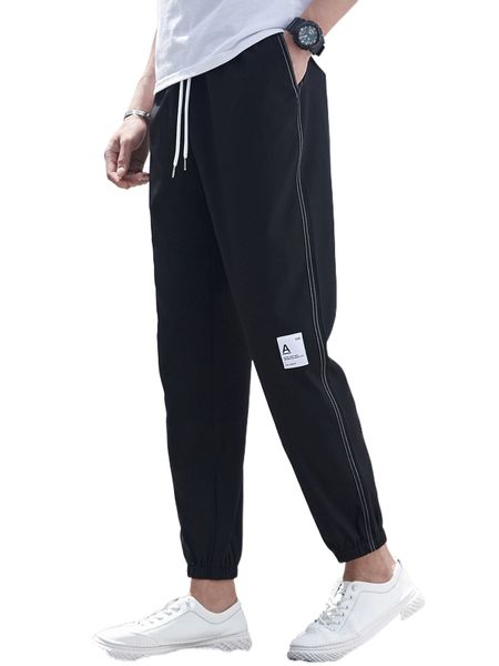 

men slogan patched detail drawstring waist tapered pants 28ku#, Black