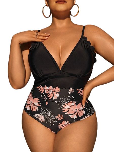 

plus floral print scallop trim cut out back one piece swimsuit z9gh#, White;black