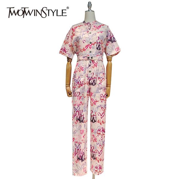 

print letter jumpsuit for women o neck short sleeve high waist sashes hit color casual jumpsuits female fashion 210423, Black;white