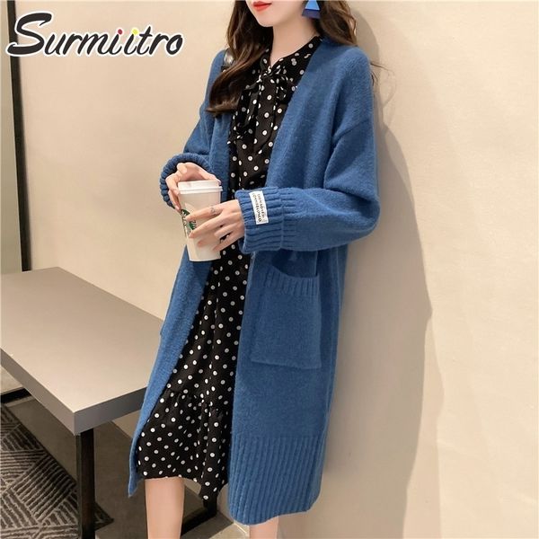 

surmiitro korean style knitted long cardigan women autumn winter sweater long sleeve cardigan female coat blue knitwear y200915, White;black