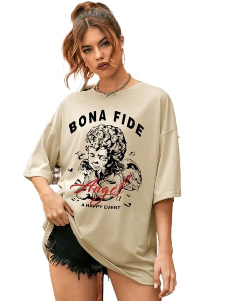 

angel and letter graphic drop shoulder tee v13g#, White