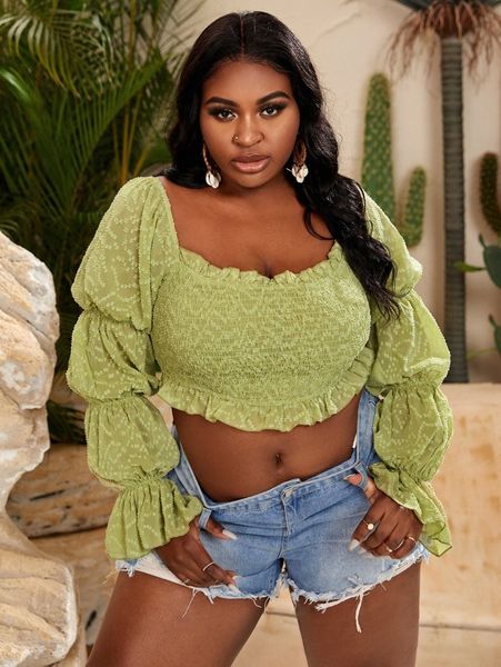 

sxy plus gather sleeve shirred back crop t1pi#, Black
