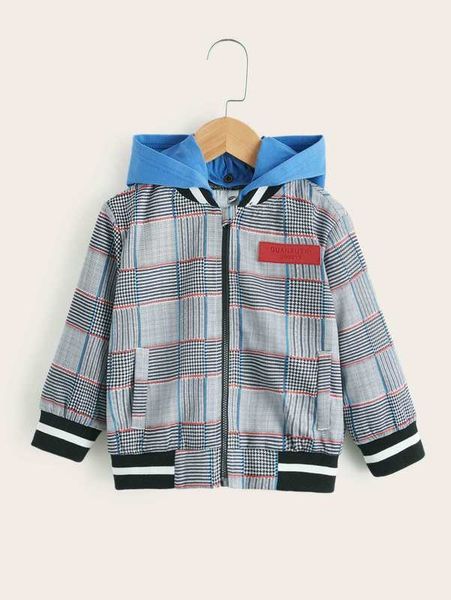 

toddler boys plaid patched hooded jacket she, Blue;gray