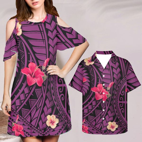 Kleider für Frauen, schulterfreie Robe und Herrenhemd, lila Hawaii-Hibiskus-Plumeria-Polynesian-Druck, Sommerkleidung 220627