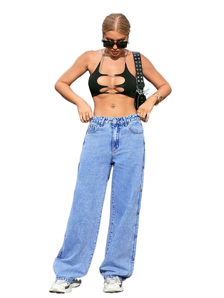 

zip fly wide leg jeans l1ds#, Blue