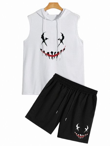 

men cartoon graphic hooded tank & shorts c6lv#, Gray