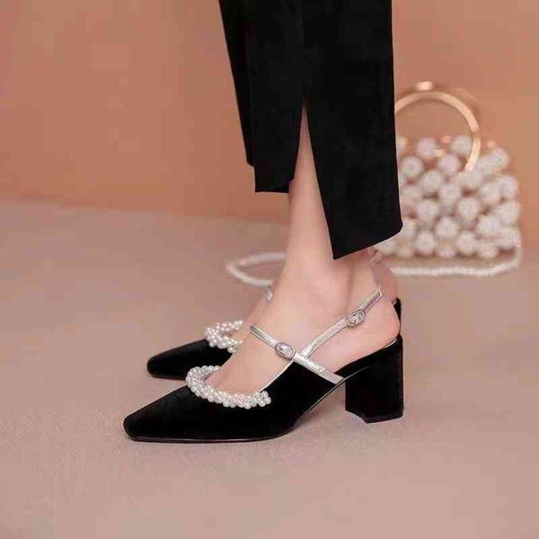 

sandals single shoe lady spring baotou mary jane one line buckle pearl thick heel fairy style high-heeled shoes, Black