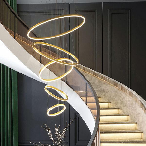 Duplex-Stehlampe, Wohnzimmer, große Kronleuchter, Villa, Treppe, moderner, minimalistischer Ring-Kronleuchter, Esszimmer-Schlafzimmer-Kronleuchter