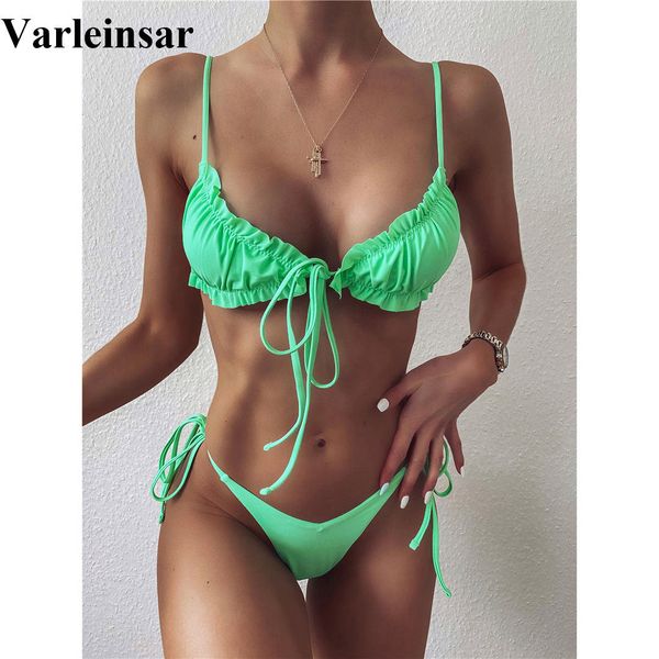 

3 colors ruffled frilled bikini women swimwear female swimsuit two-pieces bikini set lace up bather bathing suit swim v2420, White;black