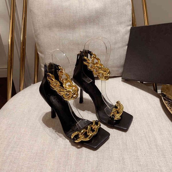 

sandals black sandals chain-embellished ankle strap side buckle leather stiletto high heels square toe women luxury designers dress shoes y8