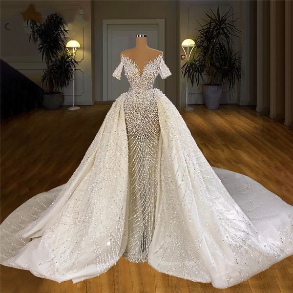 Elegante abito da sposa a sirena con spalle scoperte senza spalline scollo a V profondo Appliques in pizzo treno staccabile lunghezza del pavimento illusione abiti da sposa su misura lunghezza del pavimento abito