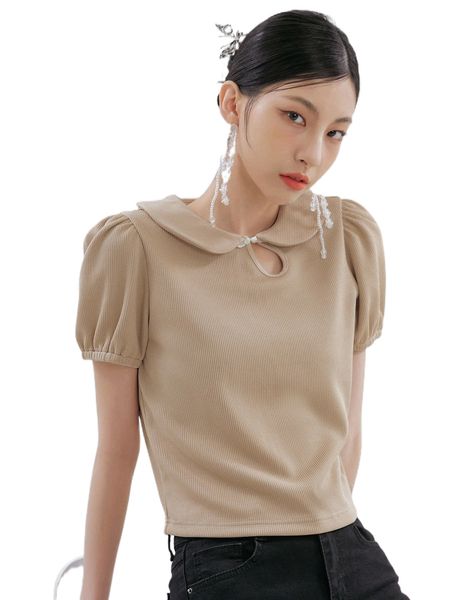 

dazy keyhole front peter pan collar ribbed knit tee f1rb#, White