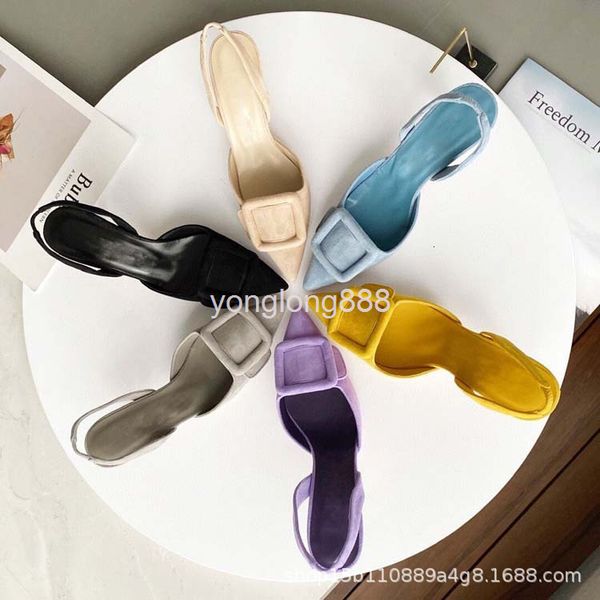 

sandals pointed shallow mouth thin heel square buckle wrap head back air elastic high-heeled muller belt sandals, Black