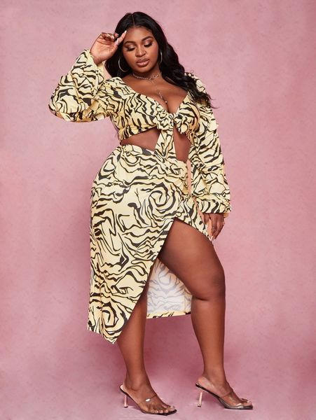 

sxy plus allover print knotted lantern sleeve & skirt set o6u7#, Black