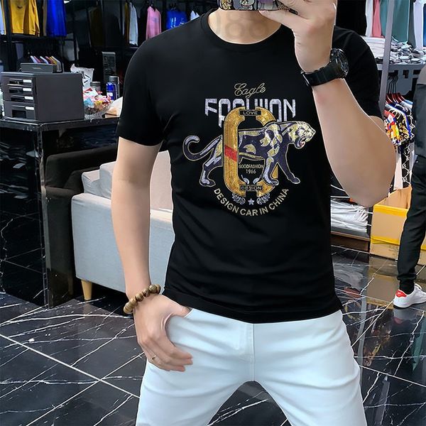 

men's t-shirts designer 2022 summer new fashion brand heavy industry leopard diamond fashion slim fit short sleeve men's green sho, White;black