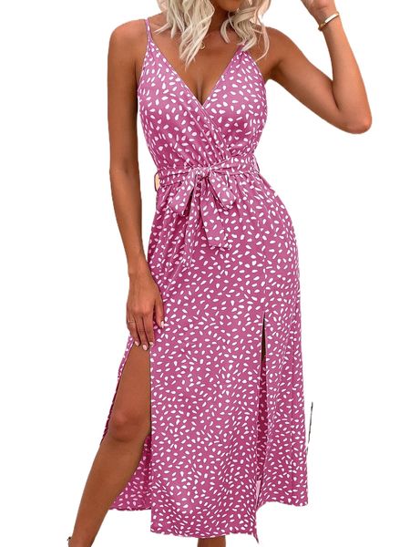 

ditsy floral print slit hem belted cami dress f9jm#, Black;gray