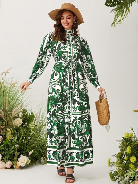 

scroll print mock neck puff sleeve belted dress q9bd#, Black;gray
