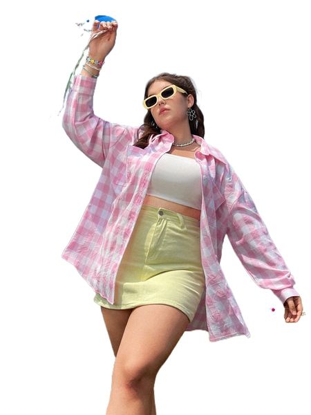 

plus gingham print pocket patched drop shoulder shirt d41w#, Black